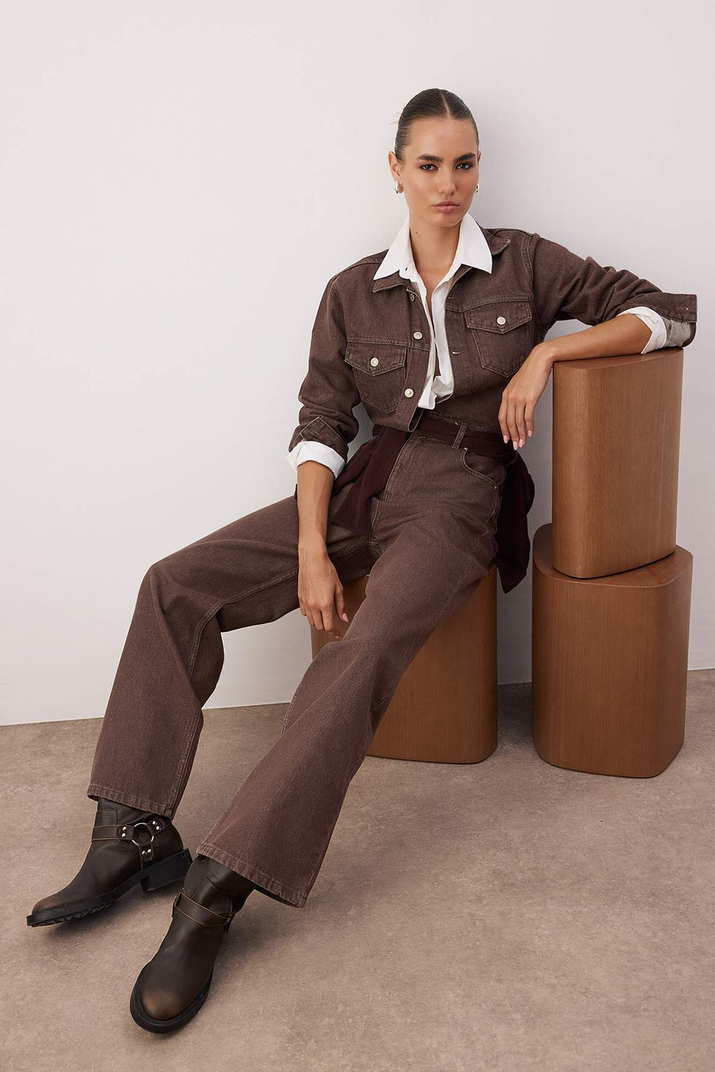 Kahverengi Gomlek Yaka Dugmeli Cepli Denim Tulum TWOAW26TU00012 - Trendyolmilla фото 2