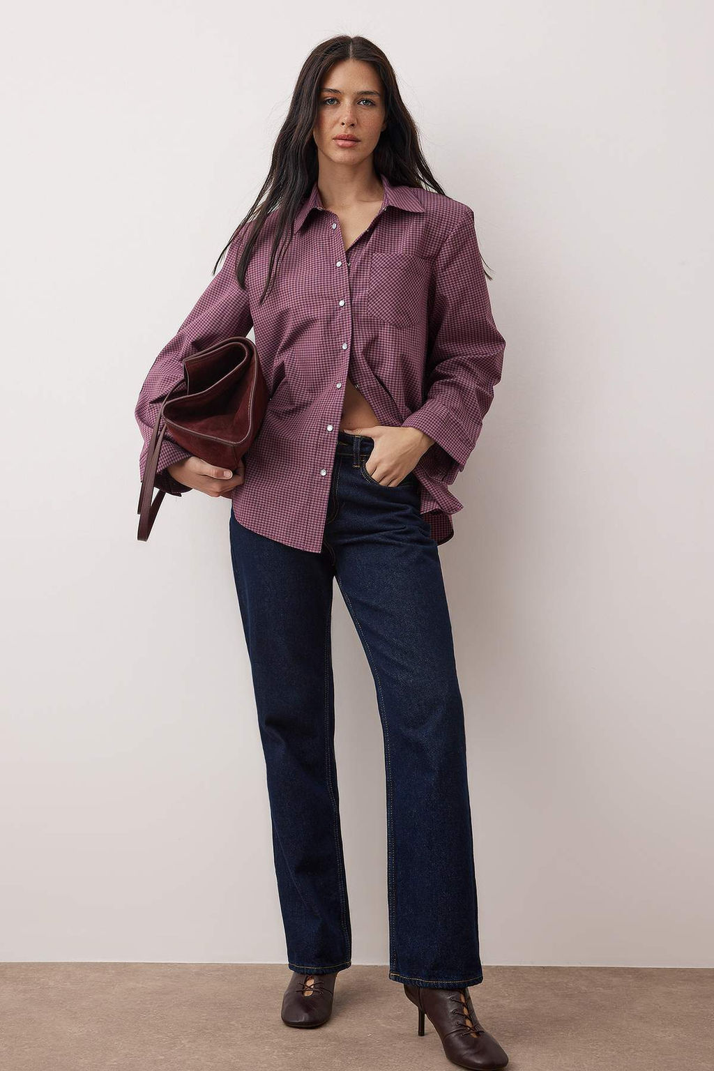 Bordo-Cok Renkli Kareli Vatkal? Genis Mansetli Oversize Gomlek TWOAW26GO00127 - Trendyolmilla фото 2