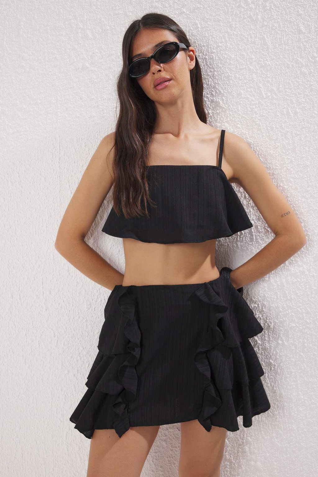 Siyah Dokuma F?rf?rl? %100 Pamuk Plaj Bluz-Etek Tak?m TBESS25AU00106