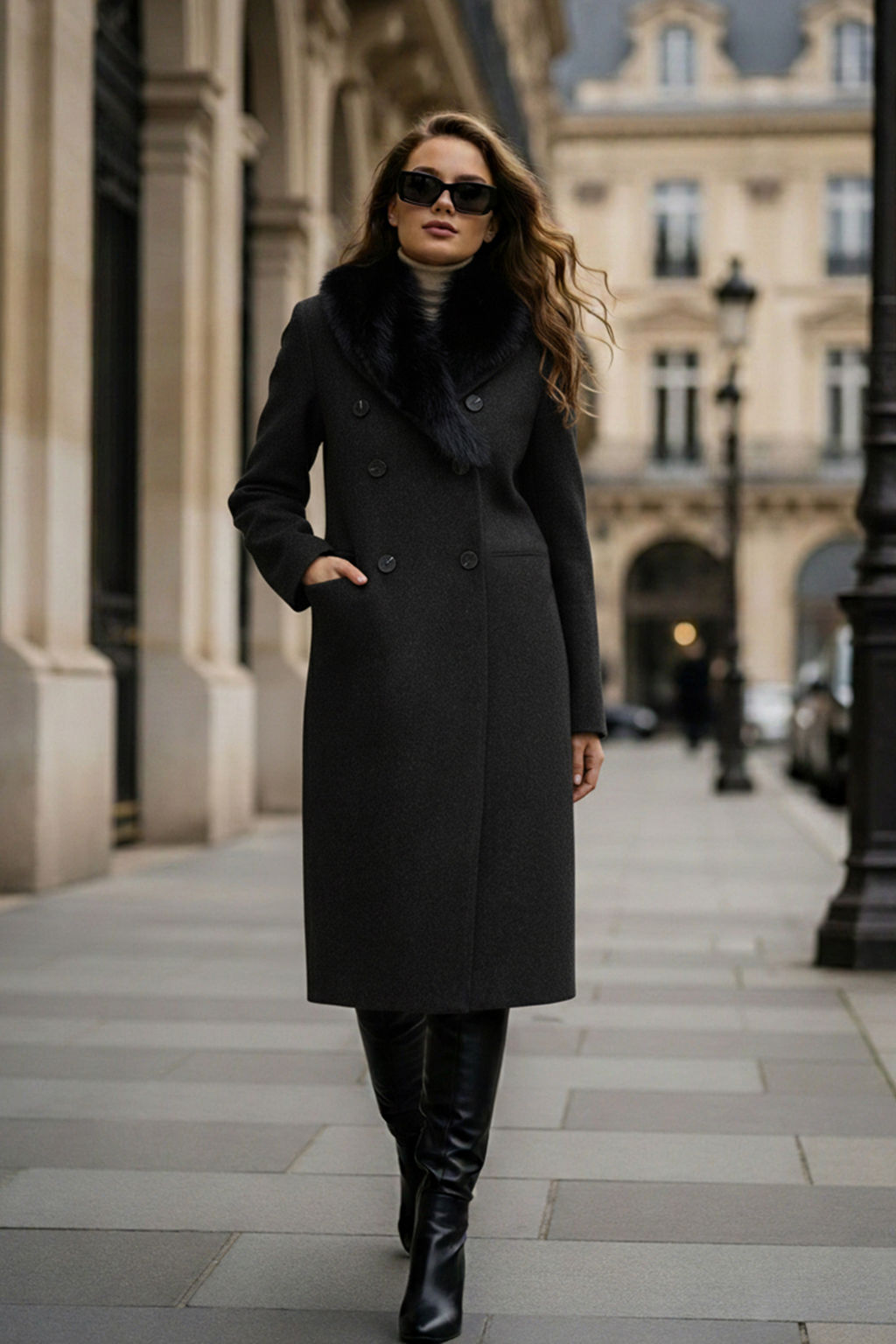 Antrasit Yakas? C?kar?labilir Kurklu Diagonel Kruvaze Oversize Uzun Kase Kaban TWOAW26KB00038