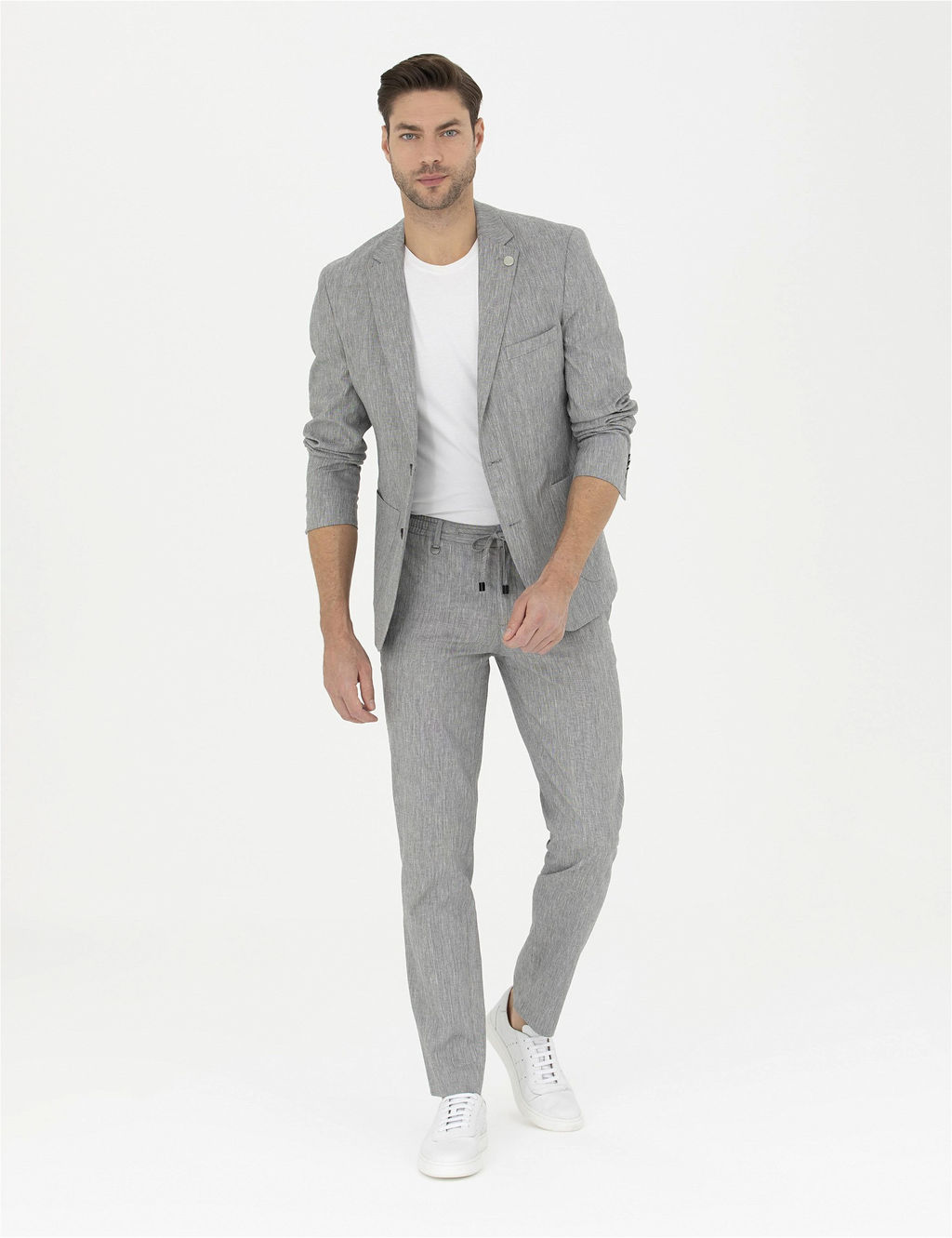 Gri Ex. Slim Fit Keten Kar___ml_ Kuma_ Pantolon