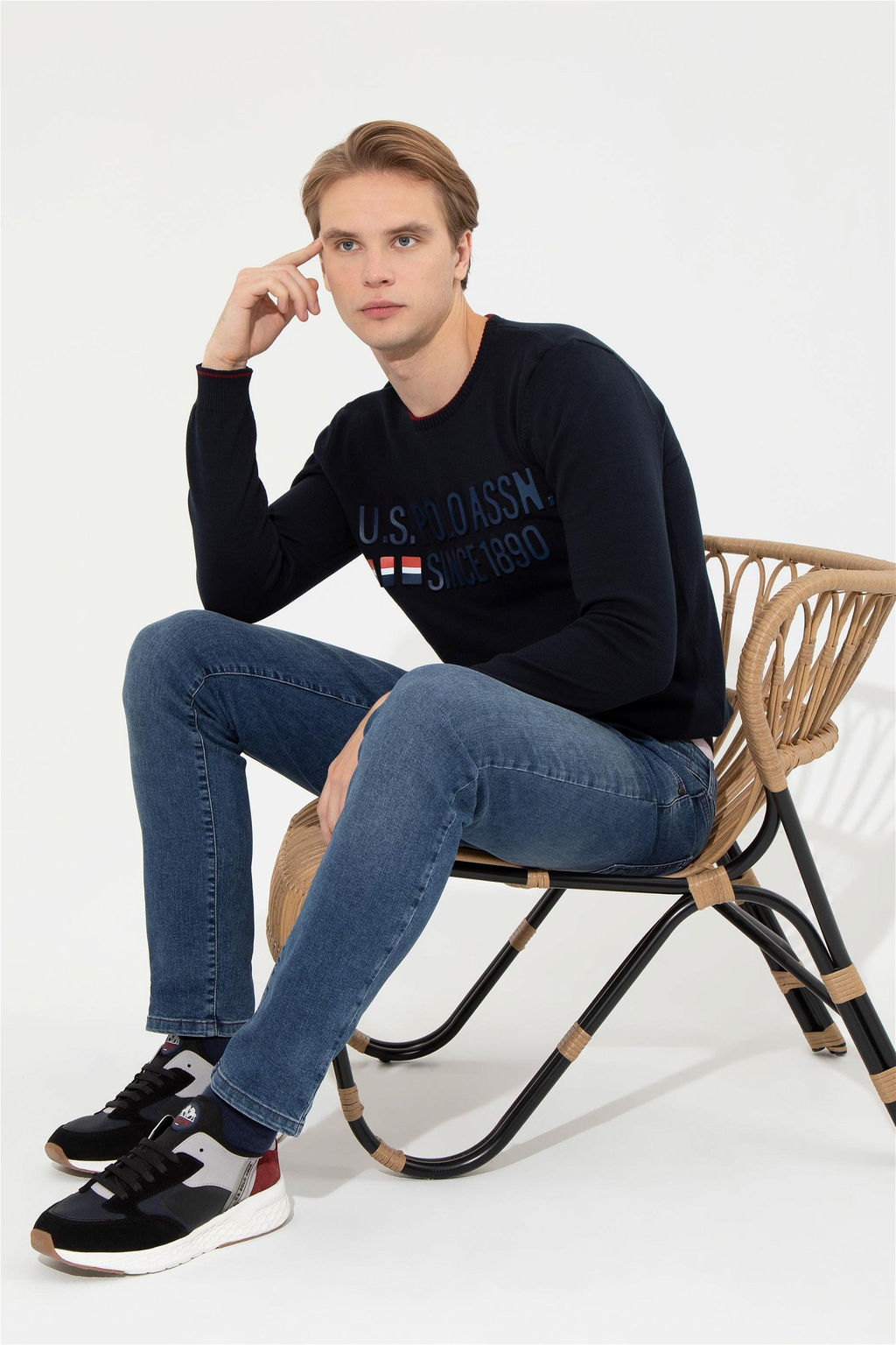 U. S. Polo Assn Мужской темно-синий трикотажный свитер с круглым вырезом - U.s. polo assn фото 8