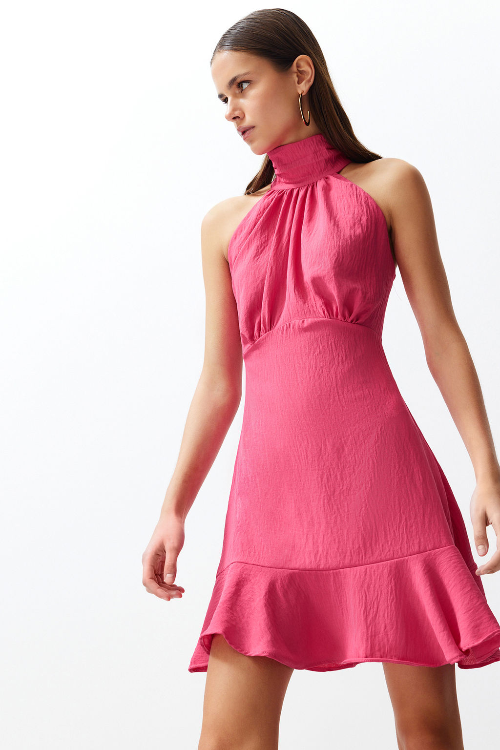 Pembe Halter Yaka A Kesim Mini Dokuma Elbise TWOSS21EL1538