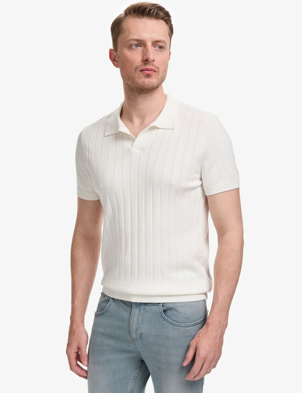 Ekru Slim Fit %100 Pamuk Apa_ Yaka Triko Ti__rt
