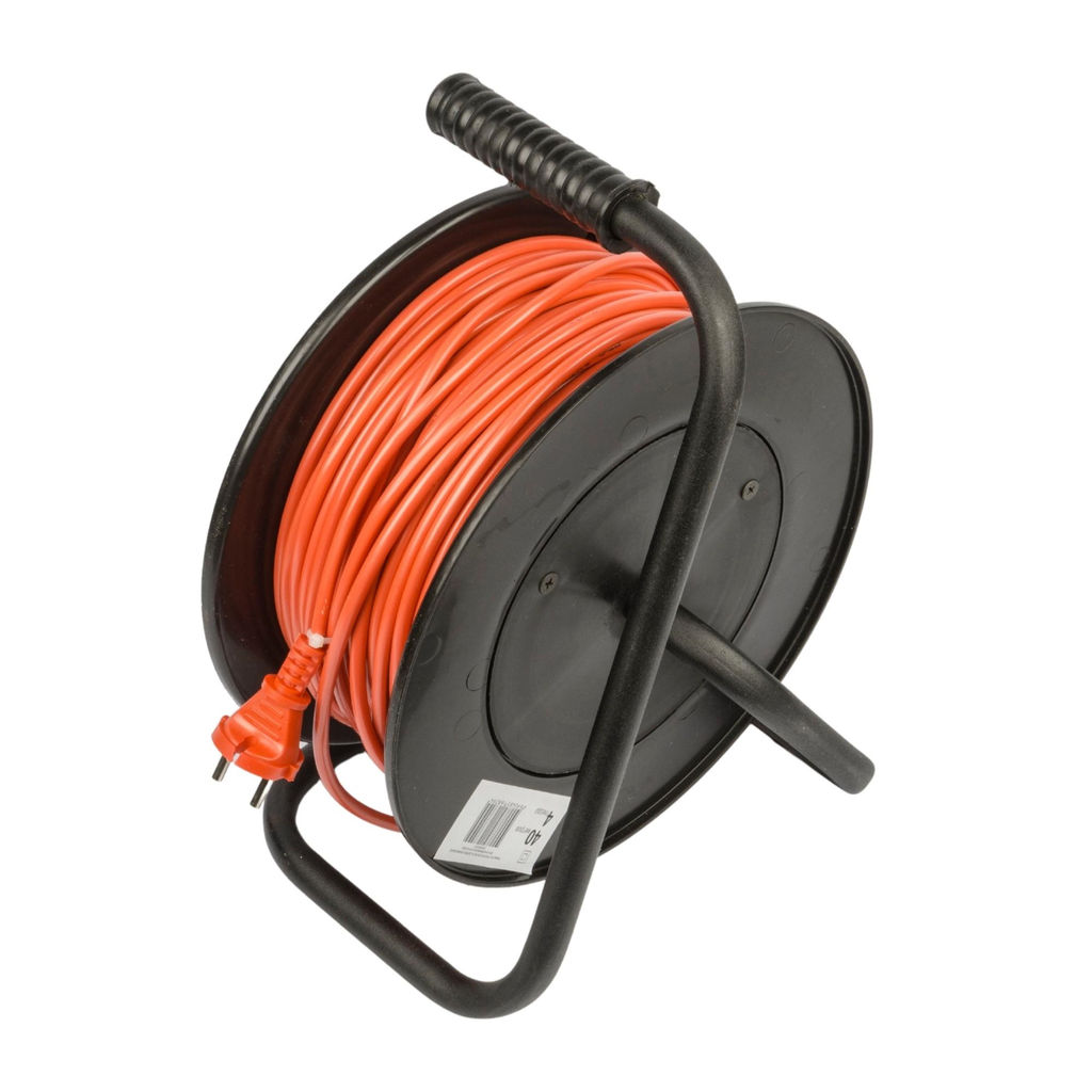 YX10-004 /UCK-4N/2x1,00/40M/S ORANGE/BLACK Удлинитель силовой на пластиковой катушке, б/з, 4 гнезда, 40м (ПВС 2х1), 10A. Оранжевый/черный. TМ Uniel