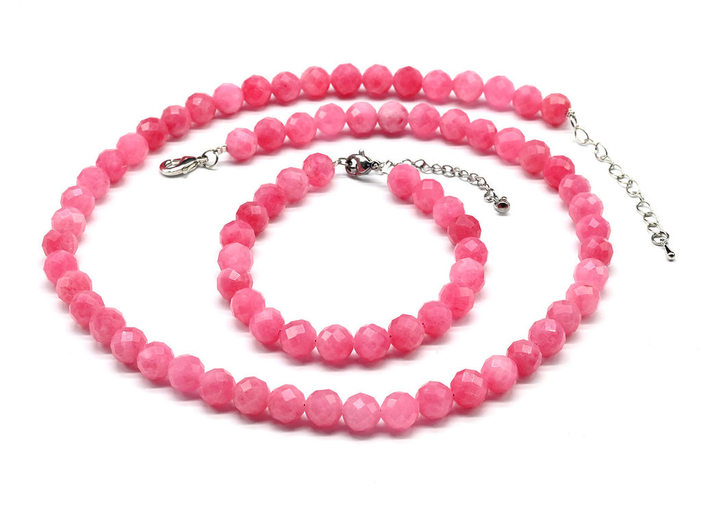 Бусы с браслетом из камня кальцит граненые 8мм цв.розовый, 47см, 17,5см