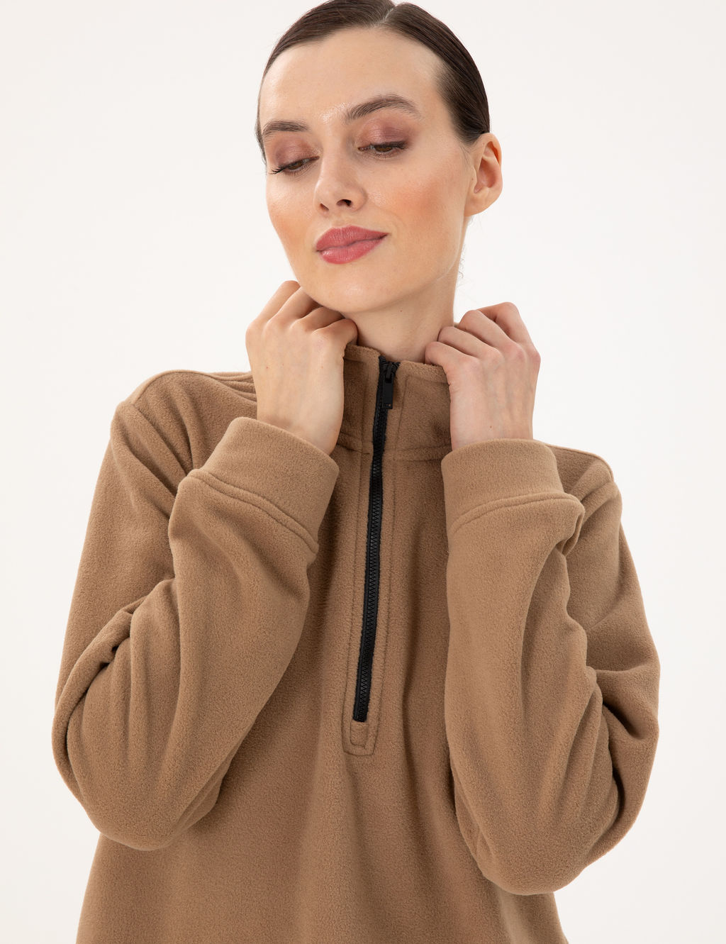 Camel Comfort Fit Fermuarl_ Polar Sweatshirt