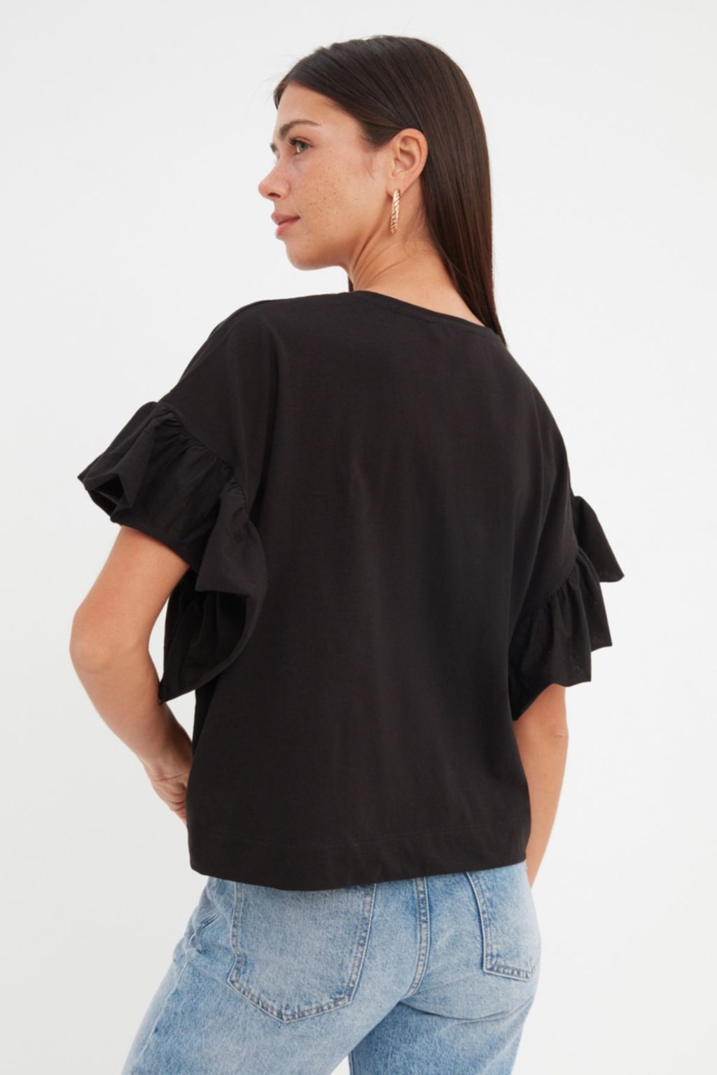 Siyah %100 Pamuk F?rf?r Detayl? Basic Bisiklet Yaka Orme T-Shirt TWOSS22TS2429