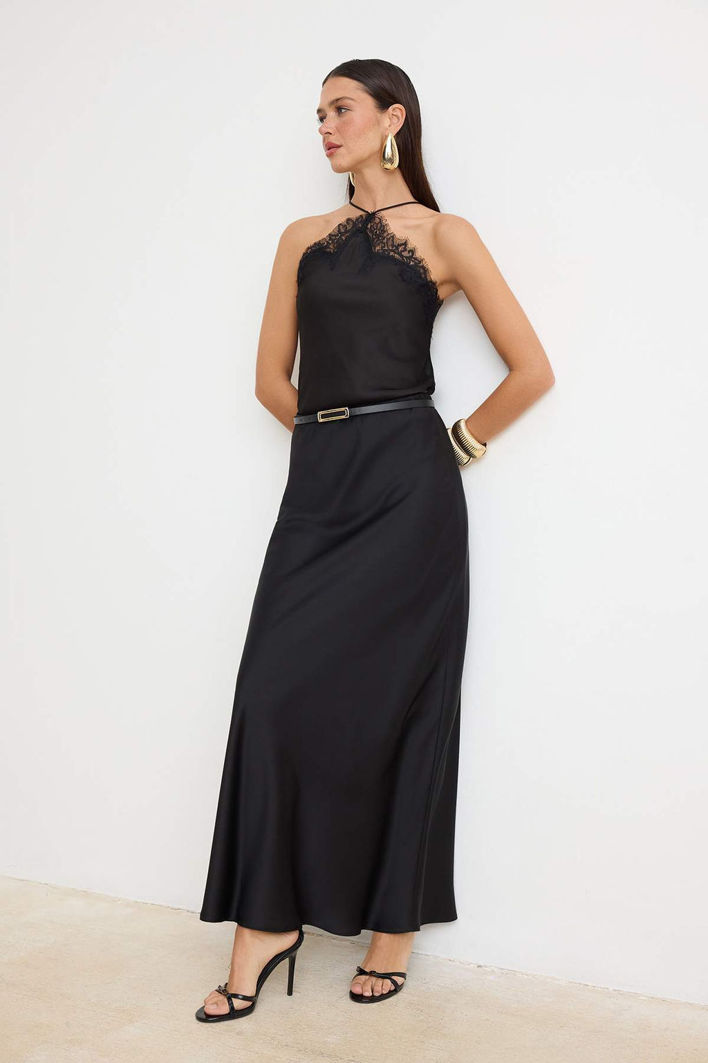 Siyah Duz Midi Dokuma Saten Etek TPRSS26ET00016 - Trendyolmilla фото 2