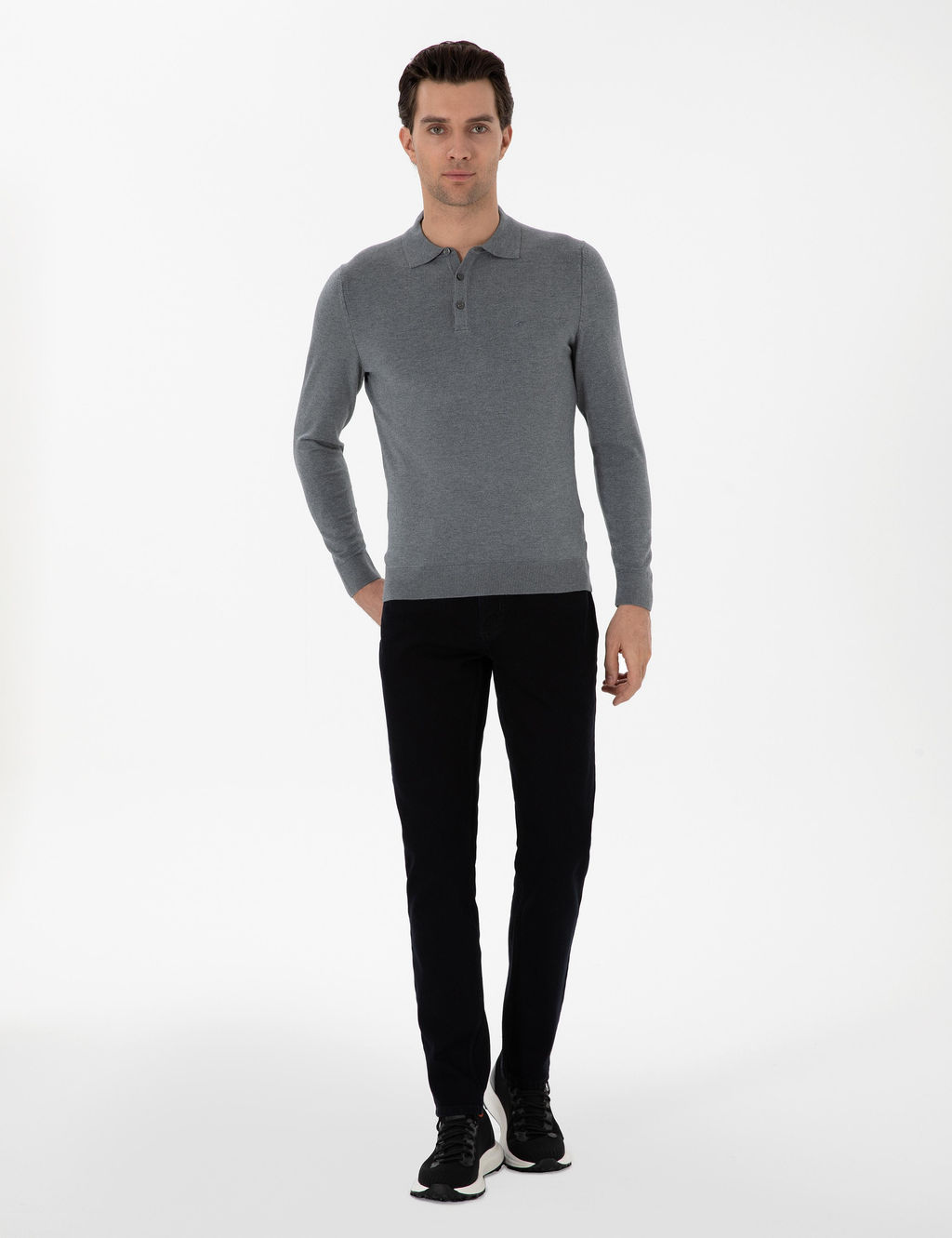 Gri Slim Fit Polo Yaka Triko Kazak - Cacharel фото 4