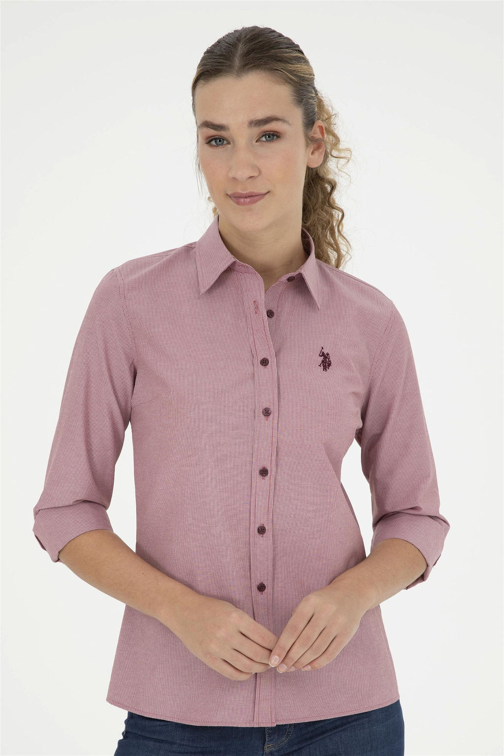 Женская бордовая рубашка в полоску с длинным рукавом - U.s. polo assn фото 3