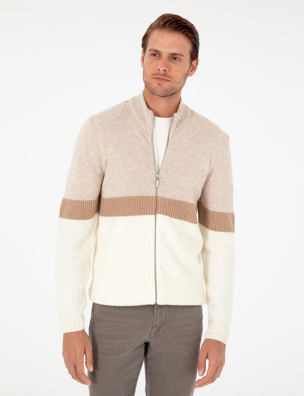 Ekru Regular Fit Y_n Kar___ml_ Fermuarl_ Triko H_rka - Pierre cardin фото 3