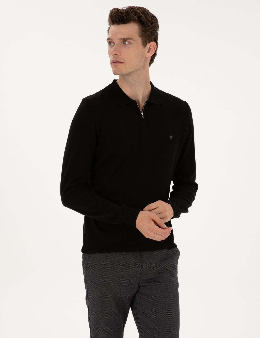 Siyah Slim Fit Polo Yaka Fermuarl_ Basic Triko Kazak - Pierre cardin фото 4