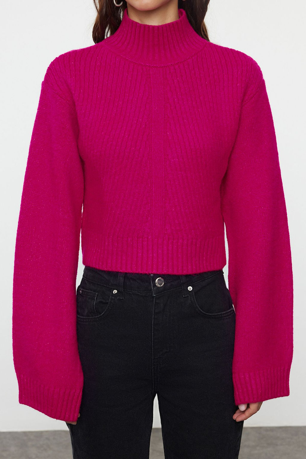 Ekru Crop Yumusak Dokulu Dik Yaka Triko Kazak TWOAW24KZ00320 - Trendyolmilla фото 11