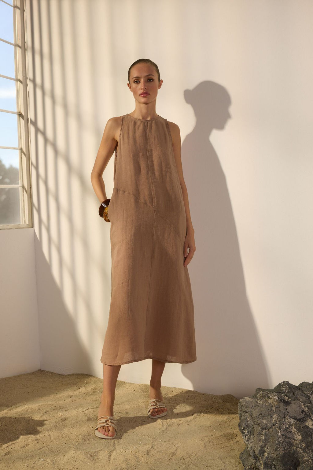 Trendyolmilla Vizon %100 Keten Dikis Detayl? Maxi Elbise TWOSS25EL00607