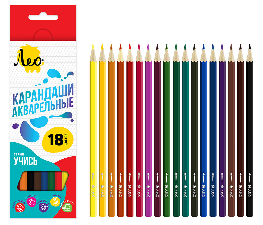 Лео Учись LNSWP-18 Набор акварельных карандашей заточенный 8 х 18 цв