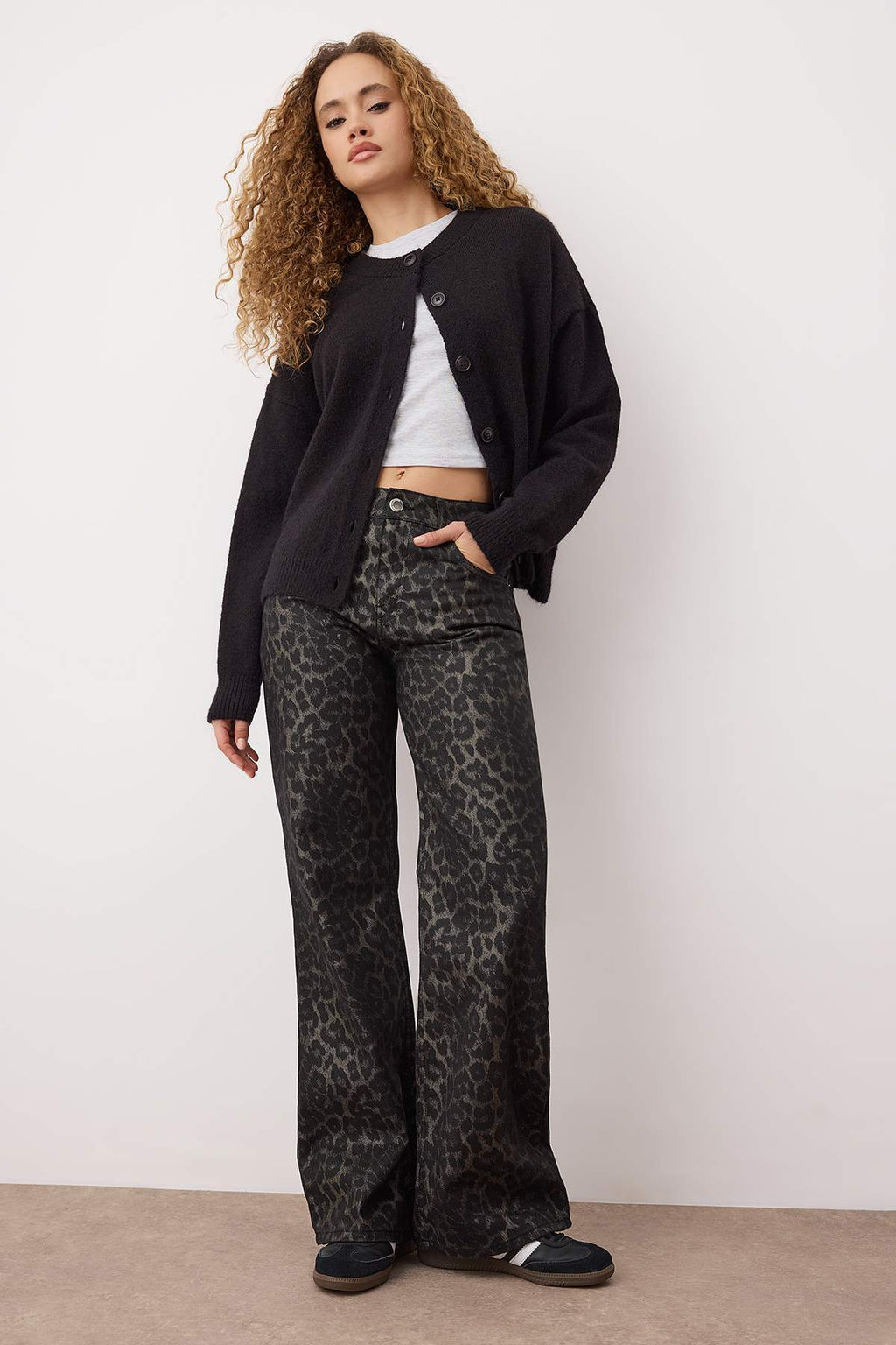 Cok Renkli Leopar Desenli Yuksek Bel Wide Leg Genis Paca Jeans TWOAW26JE00154