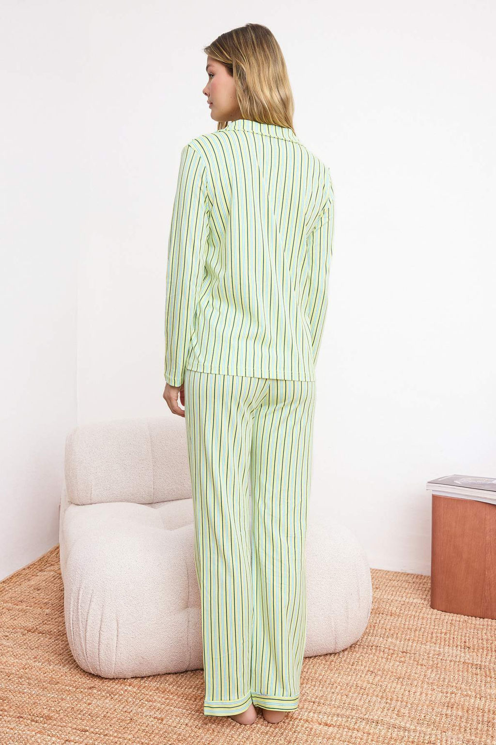 Trendyolmilla Pembe %100 Pamuklu Cizgili Gomlek-Pantolon Orme Pijama Tak?m? THMAW24PT00144 фото 24