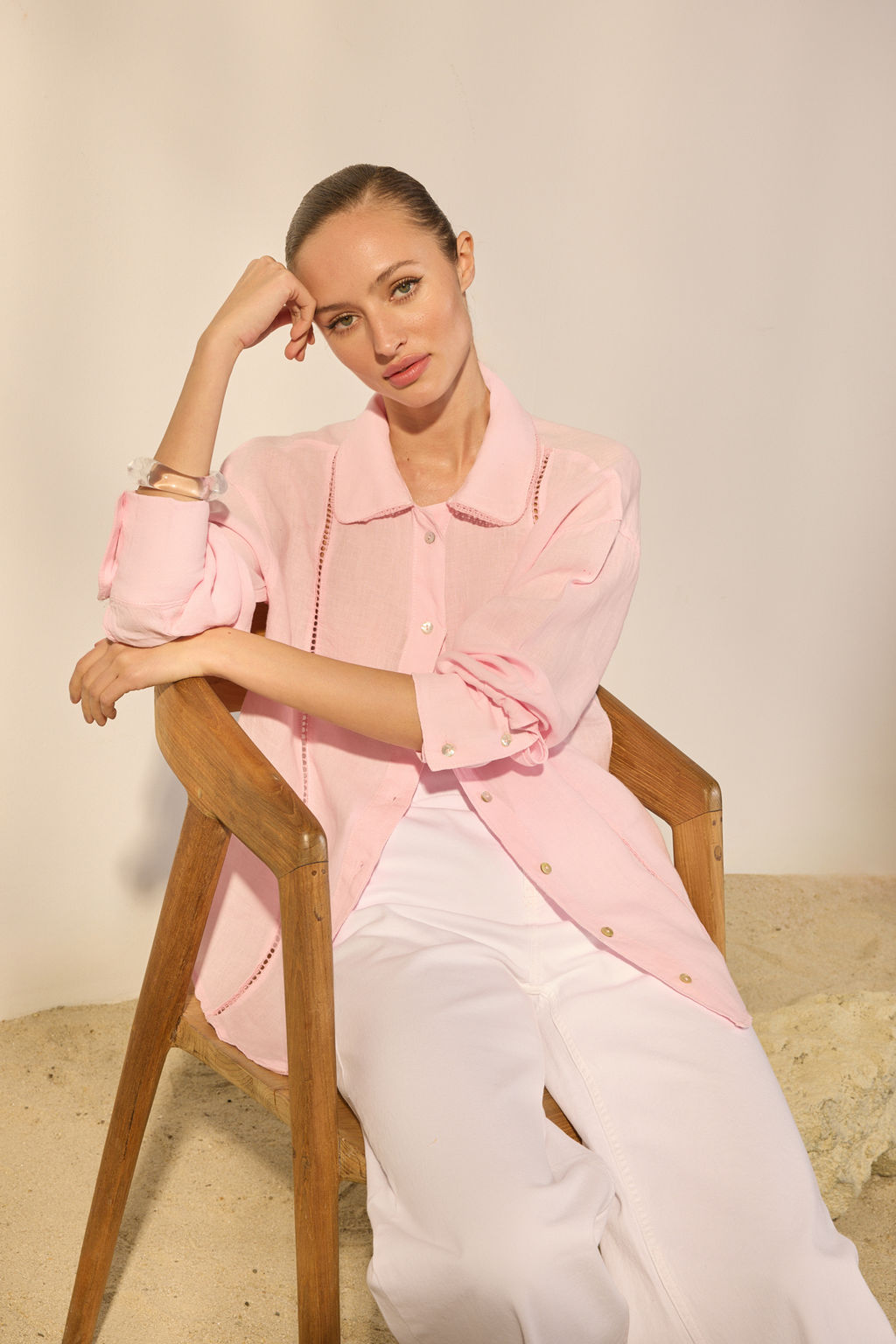 Pembe %100 Keten Nak?s Detayl? Gomlek TWOSS26GO00047