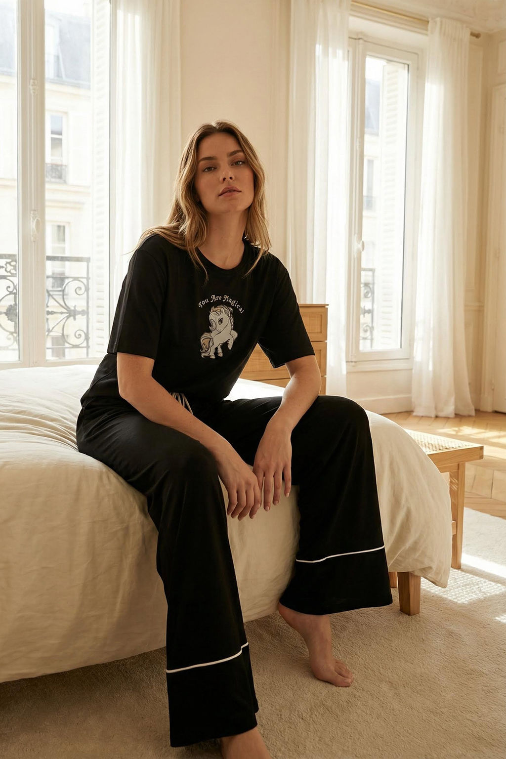 Trendyolmilla Siyah Pamuklu Eglence Bask?l? Biye Detayl? Orme Pijama Tak?m? THMSS21PT0953  фото 18