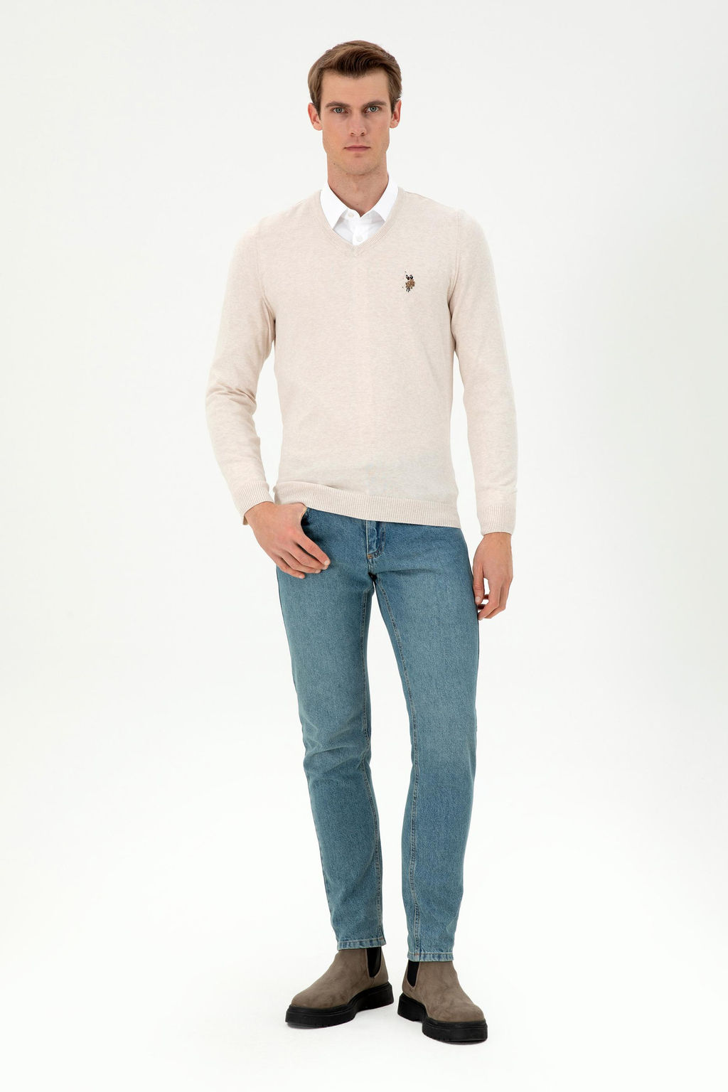 Erkek Slim Fit V Yaka Krem Melanj Basic Kazak