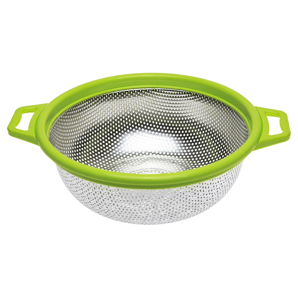 Дуршлаг из нержавеющей стали Гурман колор д23,5см h9,7см, 2,3л, s0,40мм, пластмассовый ободок с ручками - цвета микс, на ножках (Китай)