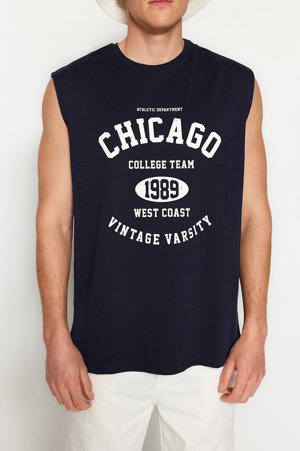 Lacivert Oversize/Genis Kesim Sehir Bask?l? %100 Pamuk Kolsuz T-Shirt/Atlet TMNSS23AL00008