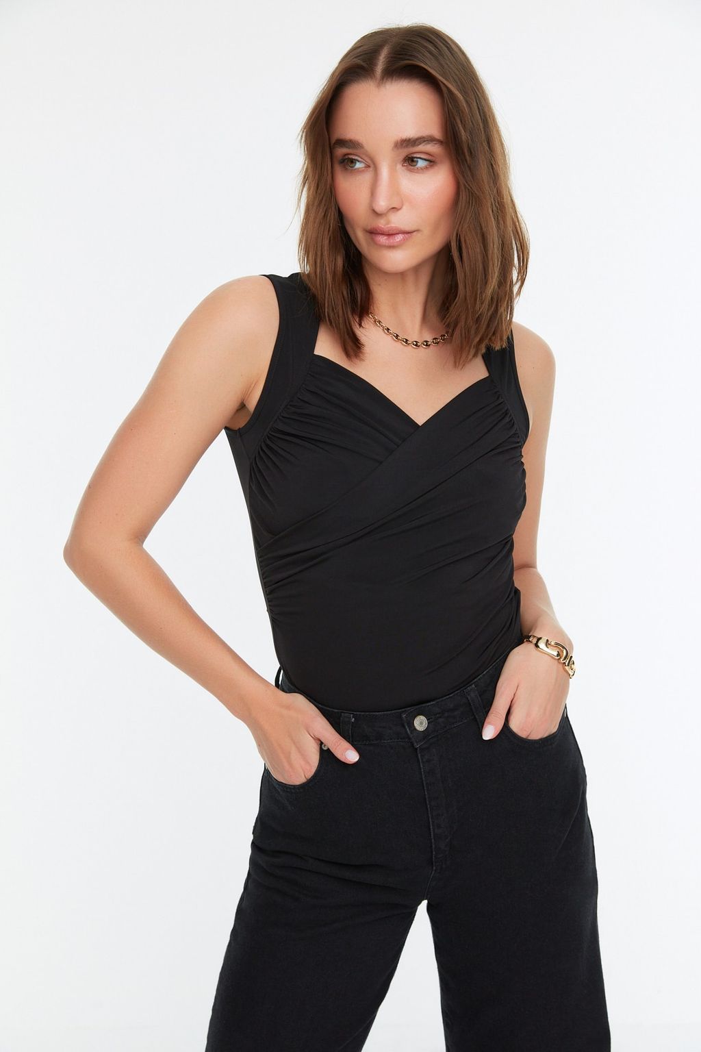 Siyah Drape Detayl? Fitted/Vucuda Oturan Ask?l? Esnek C?tc?tl? Orme Body TWOSS22BD00013 - Trendyolmilla фото 2