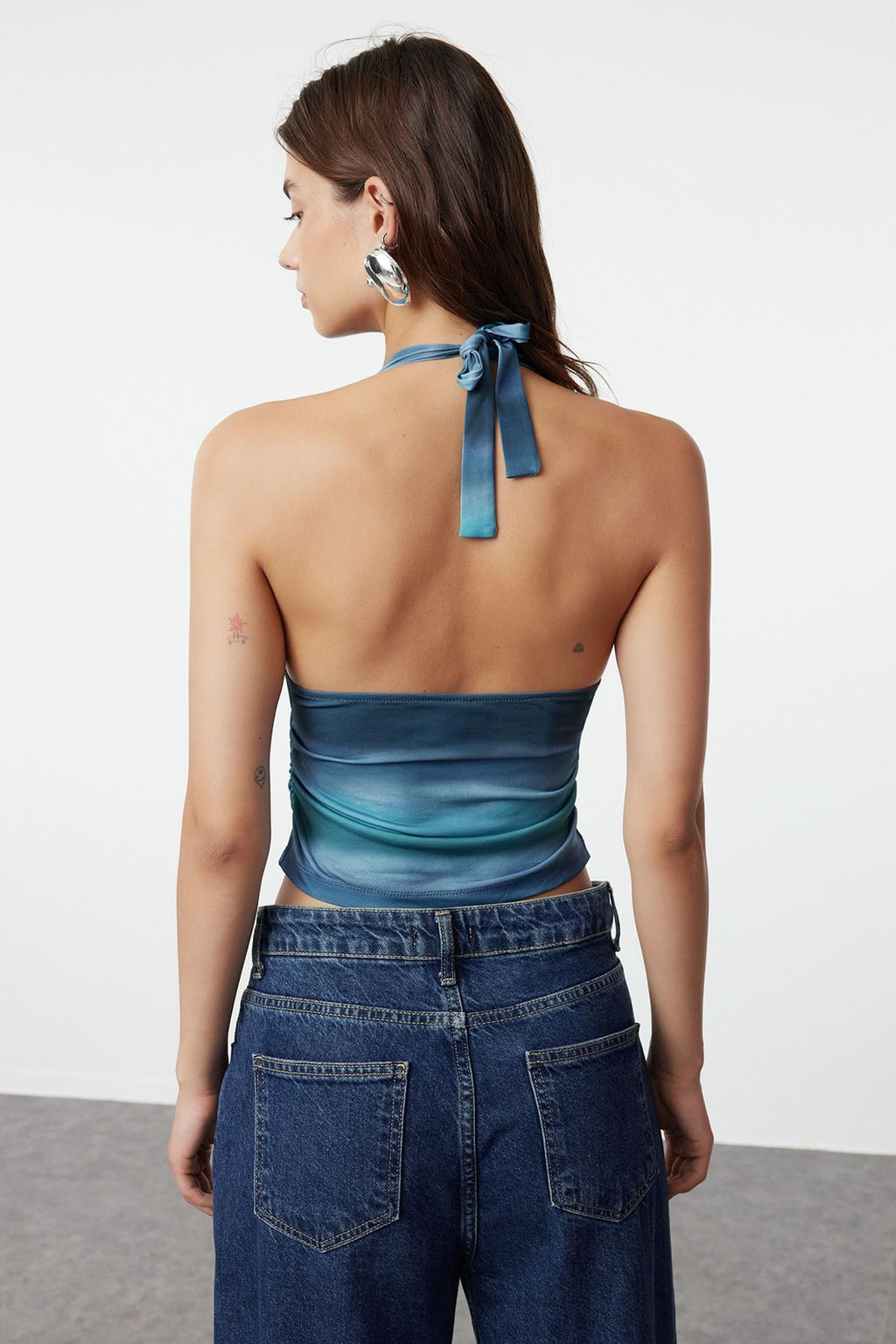 Indigo Boyundan Baglamal? Vucuda Oturan Esnek Crop Orme Bluz TWOSS24BZ00061
