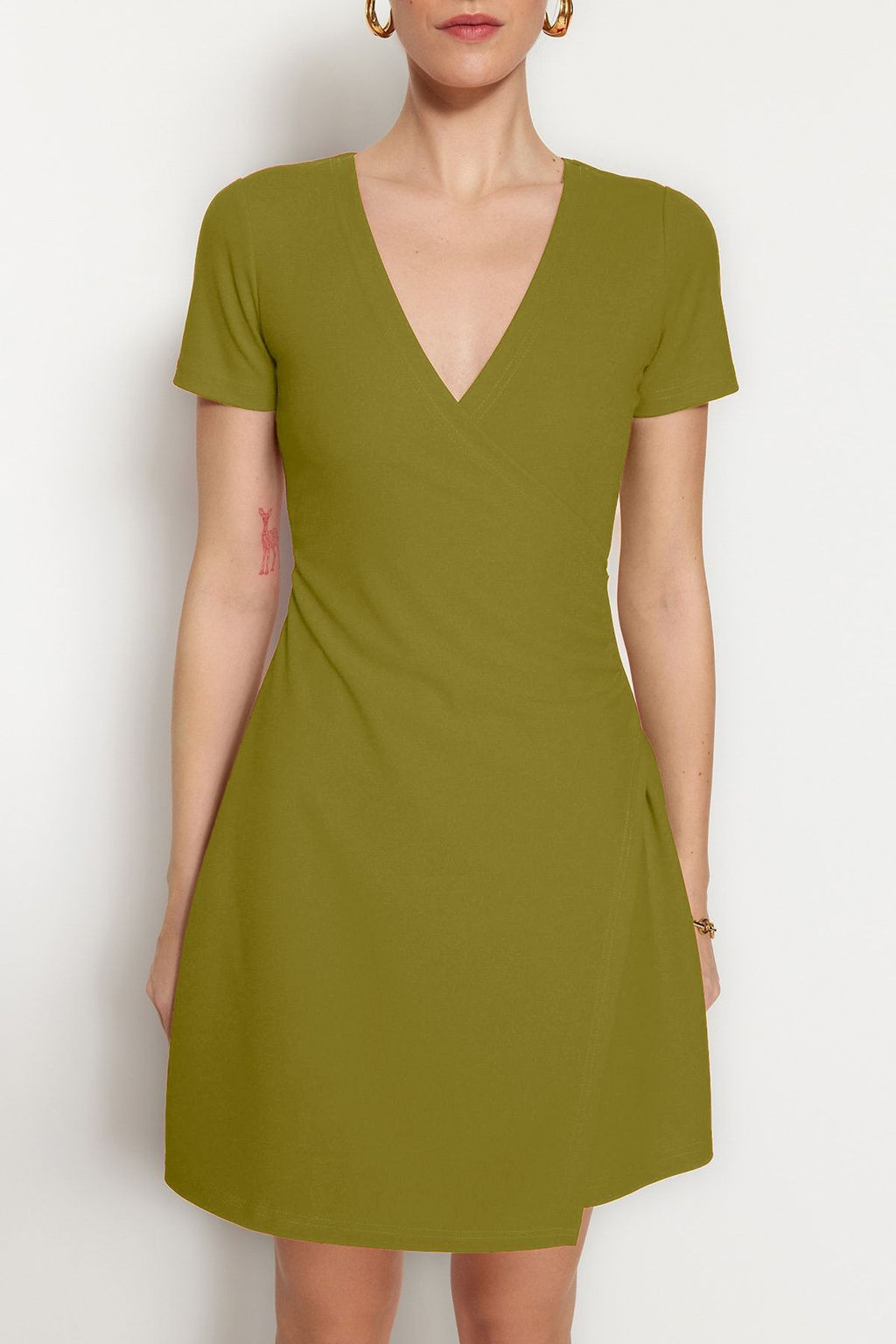 TRENDYOLMILLA Siyah Kruvaze Yaka A-Line Krep Mini Smart Orme Elbise TWOSS23EL01703 фото 13