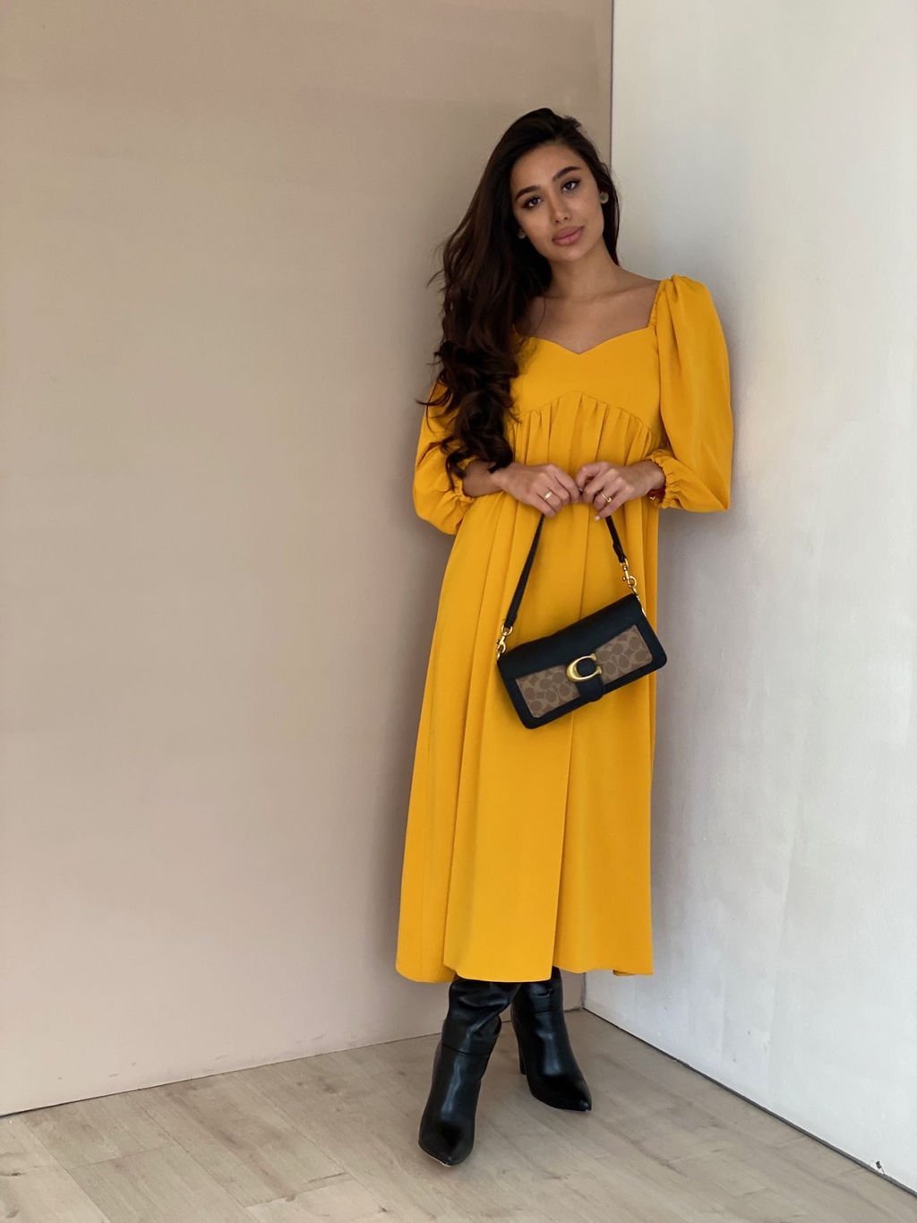 Платье-миди с пышными рукавами в цвете манго - Martichelli фото 35