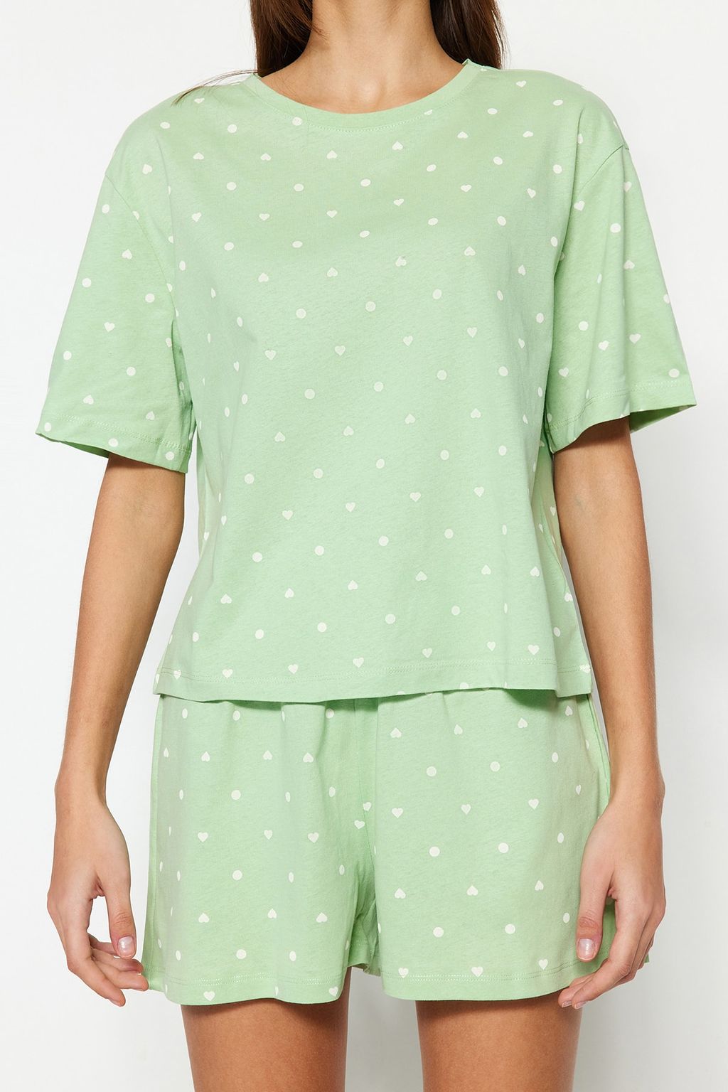 Trendyolmilla Beyaz %100 Pamuklu Puantiyeli ve Kalpli Sortlu Orme Pijama Tak?m? THMSS21PT1485 фото 26