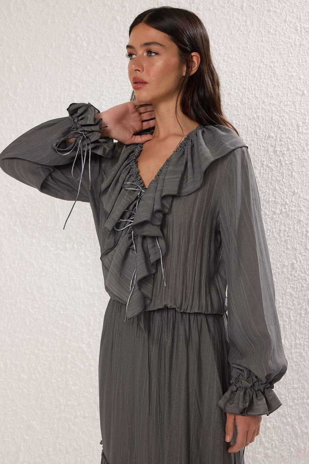 Antrasit Beli lastikli F?rf?rl? Maxi Dokuma Elbise TWOSS25EL00864 - Trendyolmilla фото 3