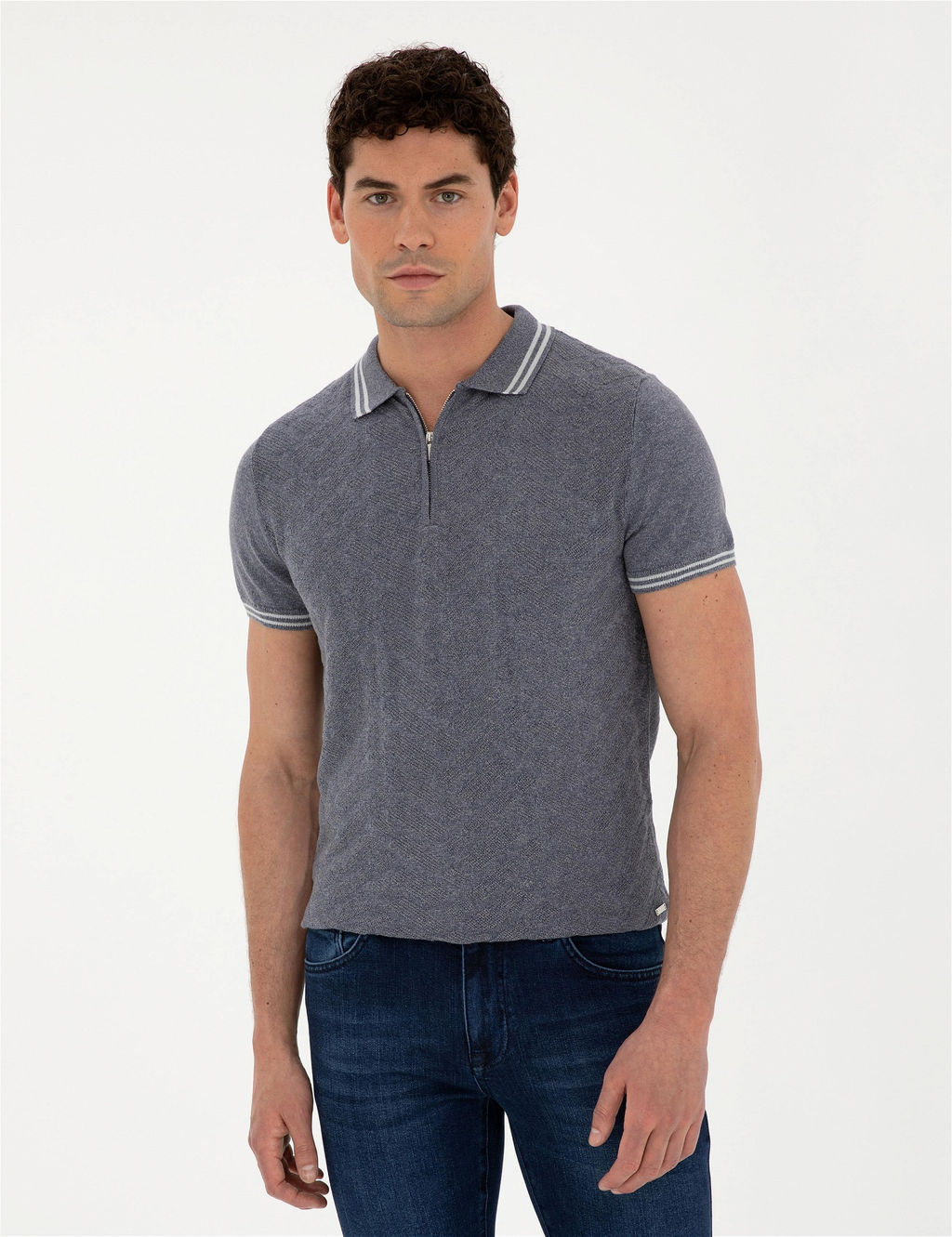 _ndigo Slim Fit Fermuarl_ Polo Yaka Keten Kar___ml_ Triko Ti__rt