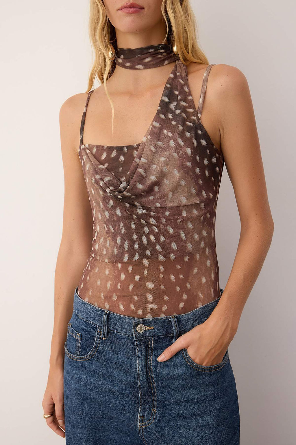 Kahverengi-Cok Renkli Animal Degaje Yaka Ask?l? Orme Tul Party Body TPRAW26BD00004
