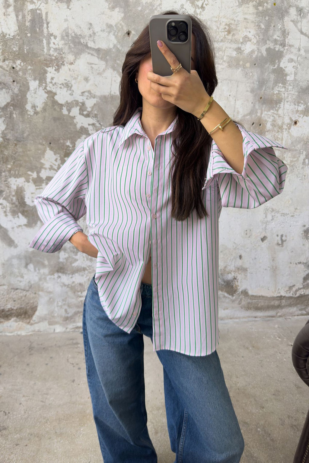TRENDYOLMILLA Pembe Cizgili Pamuklu Kumas Oversize Genis Kal?p Gomlek TWOSS25GO00107
