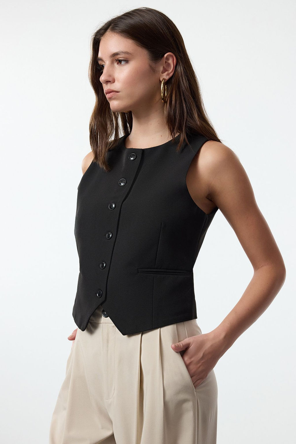 Siyah Fitted Crop Dokuma Yelek TWOAW25YE00055