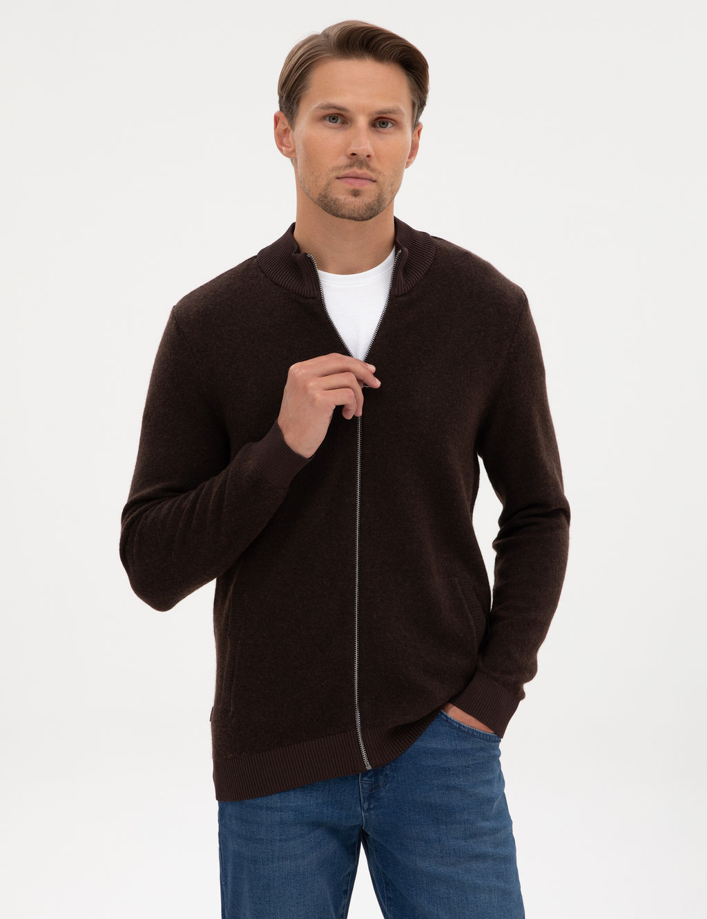 Koyu Kahverengi Slim Fit Y_n Kar___ml_ Triko H_rka