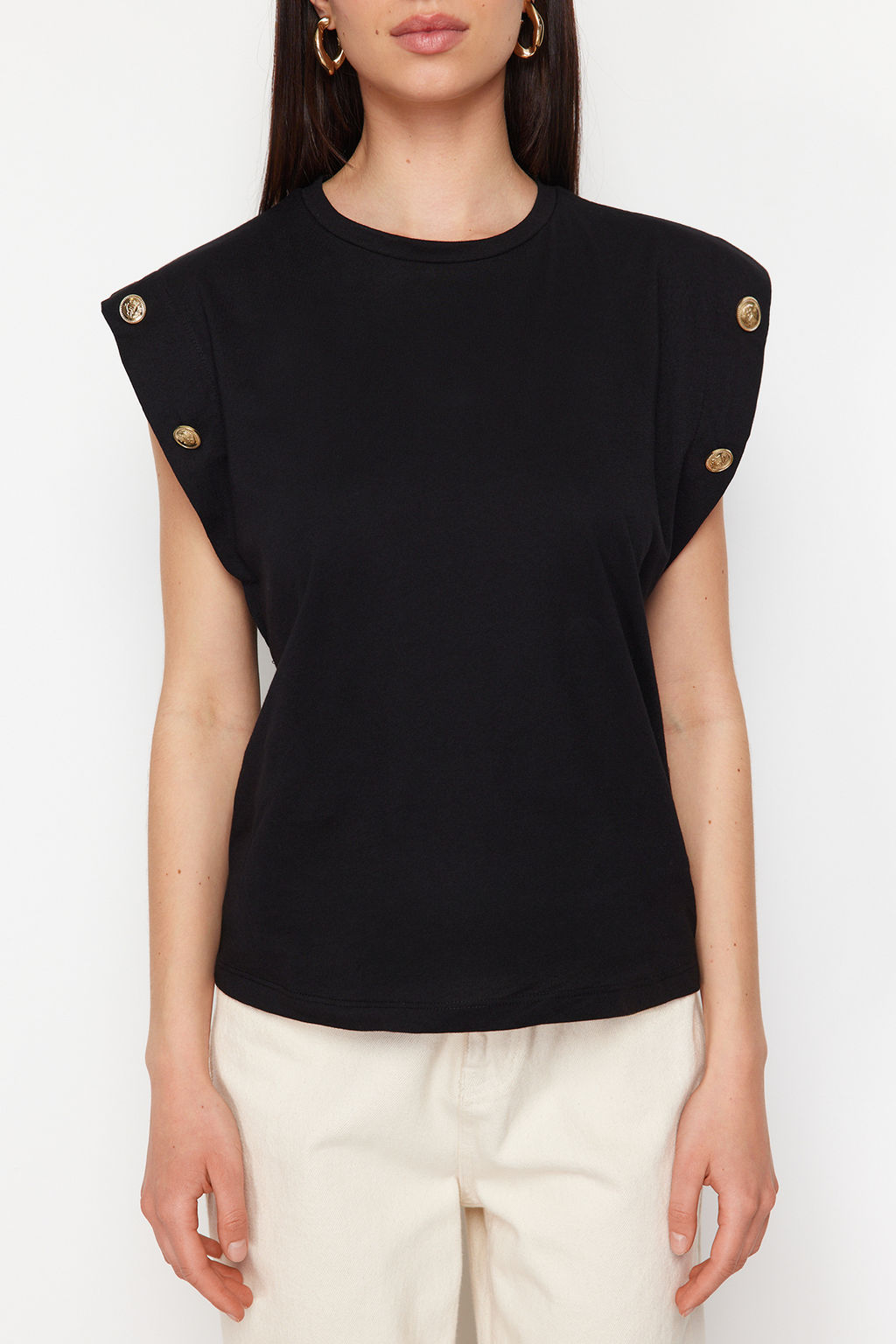 TRENDYOLMILLA Lacivert %100 Pamuk Dugme Detayl? Vatka Gorunumlu Basic Bisiklet Yaka Orme T-Shirt TWOSS23TS00016  фото 12