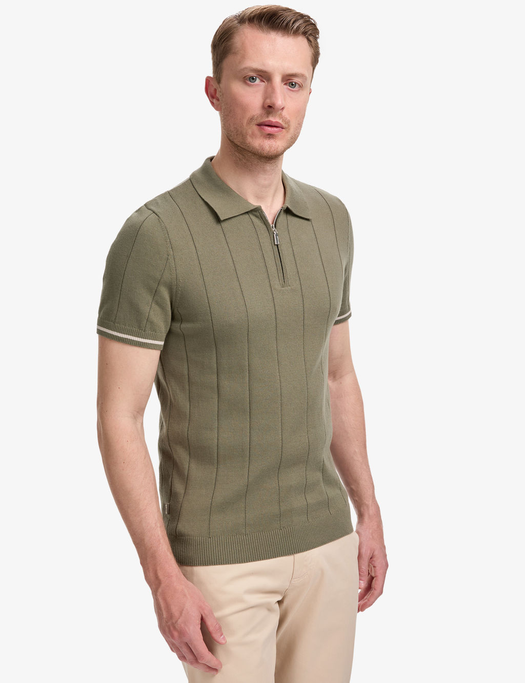 Haki Slim Fit %100 Pamuk Fermuarl_ Polo Yaka Triko Ti__rt