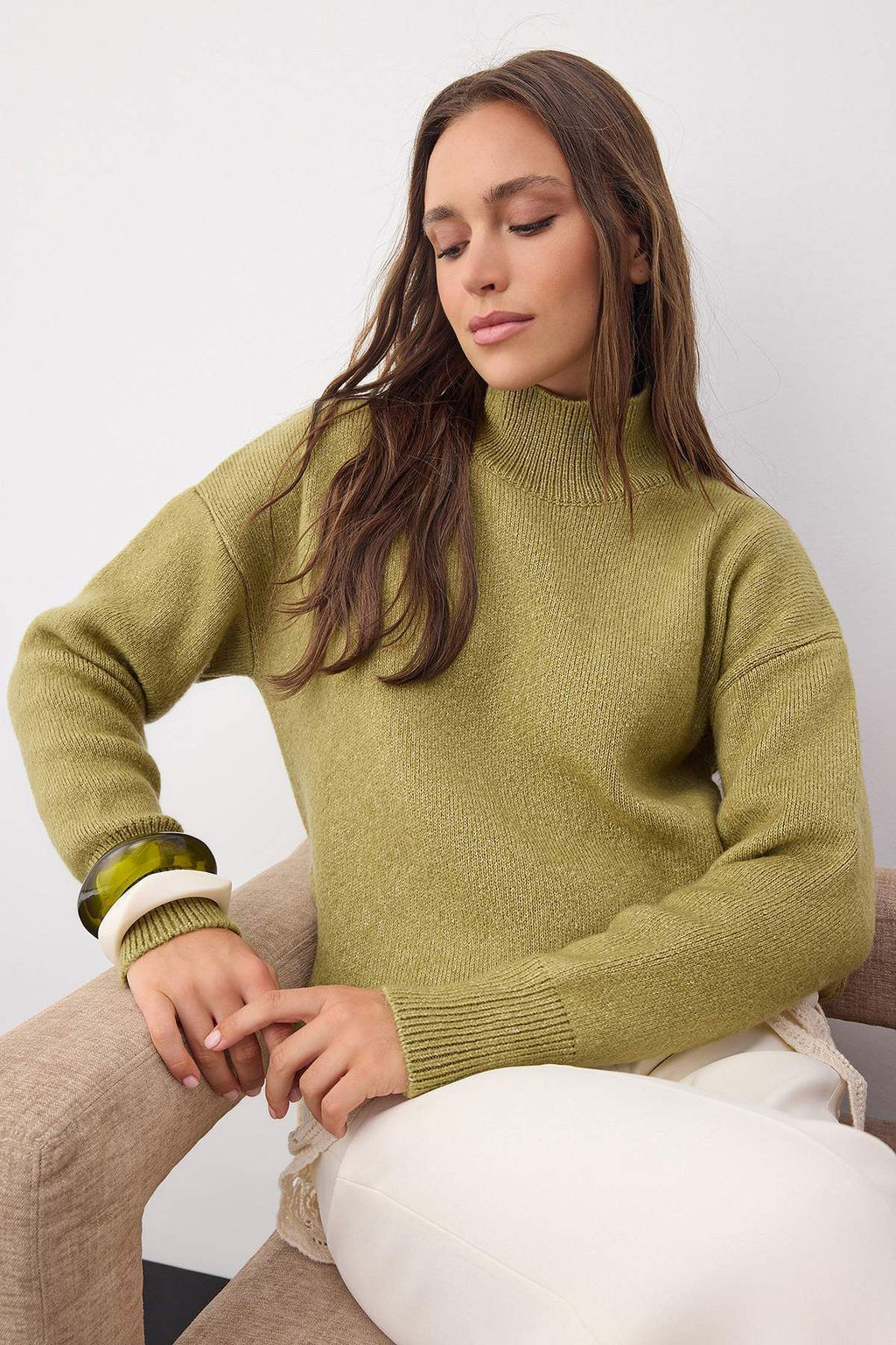 Wardrobe Essentials Yag Yesil Yun Kar?s?ml? Genis Kal?p Yumusak Dokulu Triko Kazak | TWOAW26KZ00063