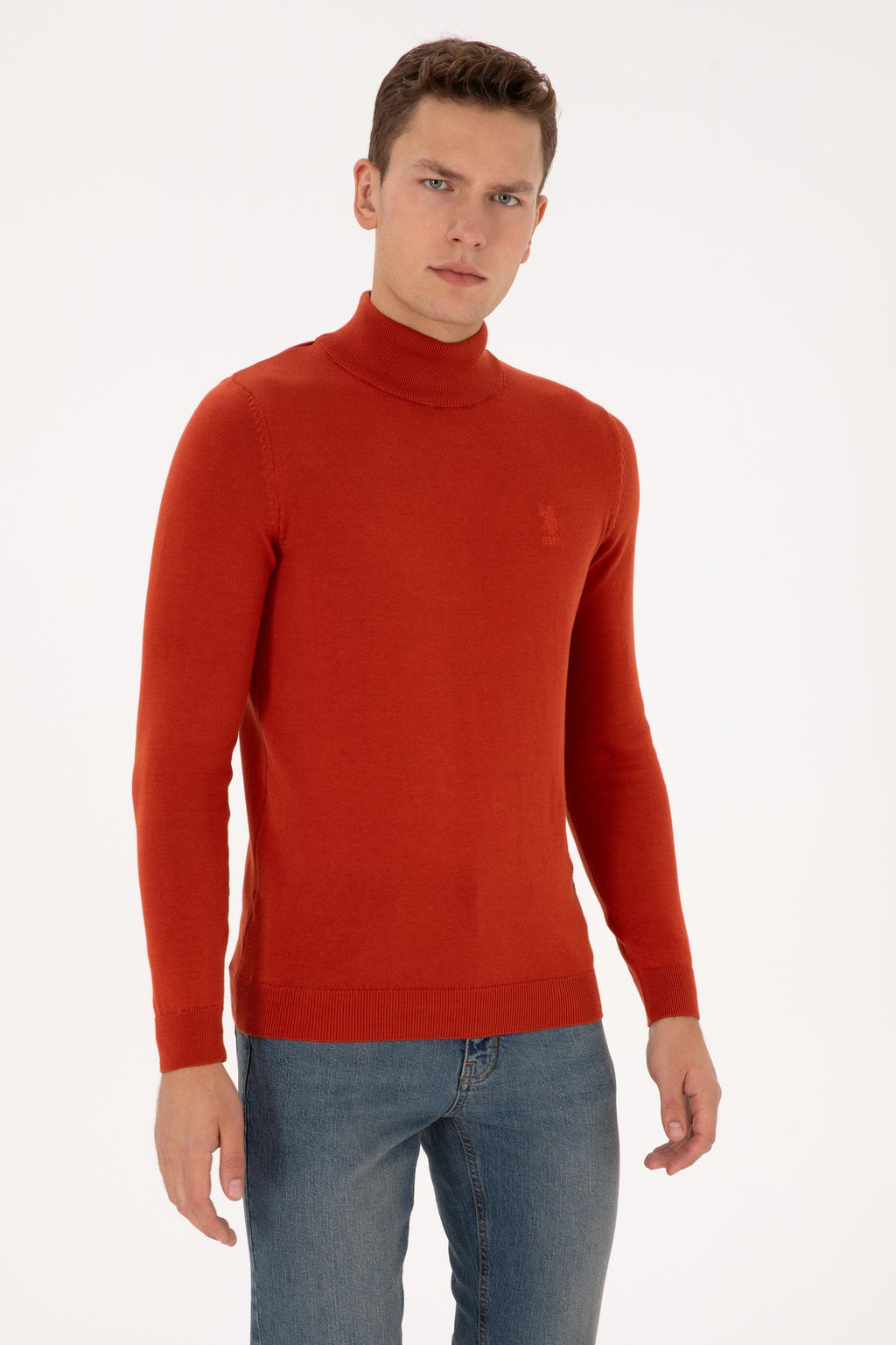 Erkek Slim Fit Yar_m Bal_k__ Yaka Kiremit Basic Kazak - U.s. polo assn фото 3