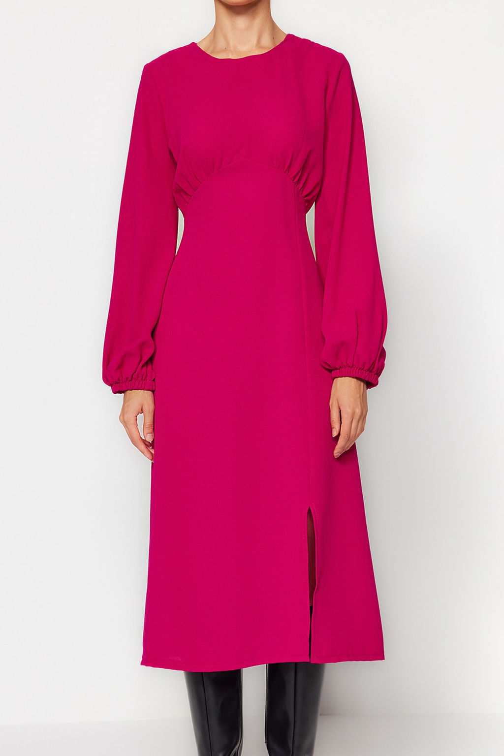 Fusya Belden Ac?lan Midi Volumlu Kol Detayl? Dokuma Elbise TWOAW24EL00423 - Trendyolmilla фото 5