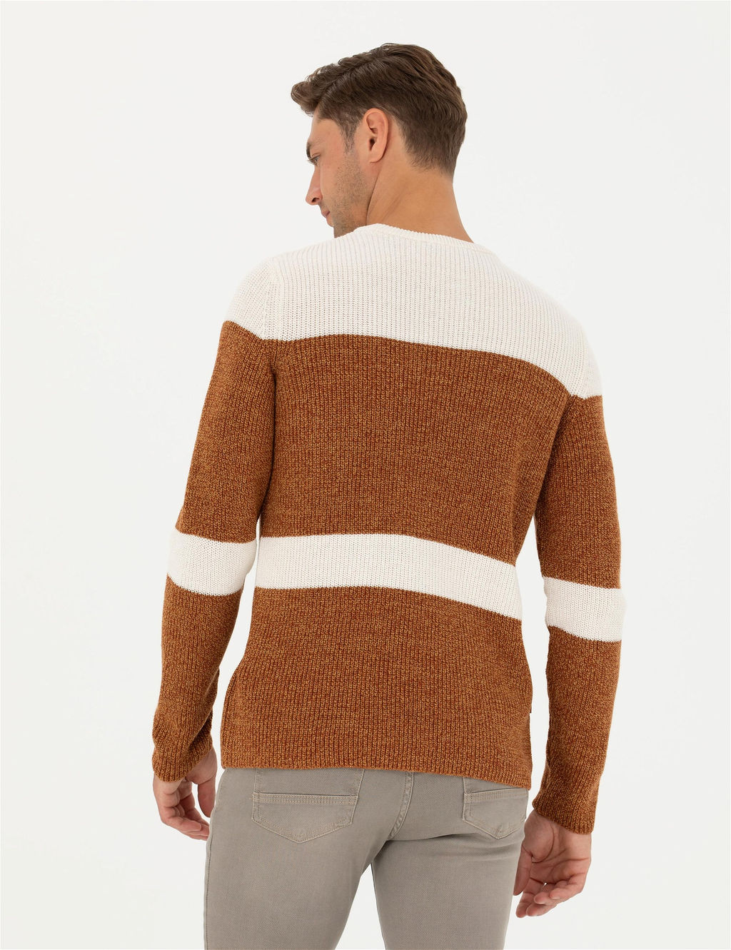 Bej Slim Fit Bisiklet Yaka Y_n Kar___ml_ Triko Kazak - Pierre cardin фото 6