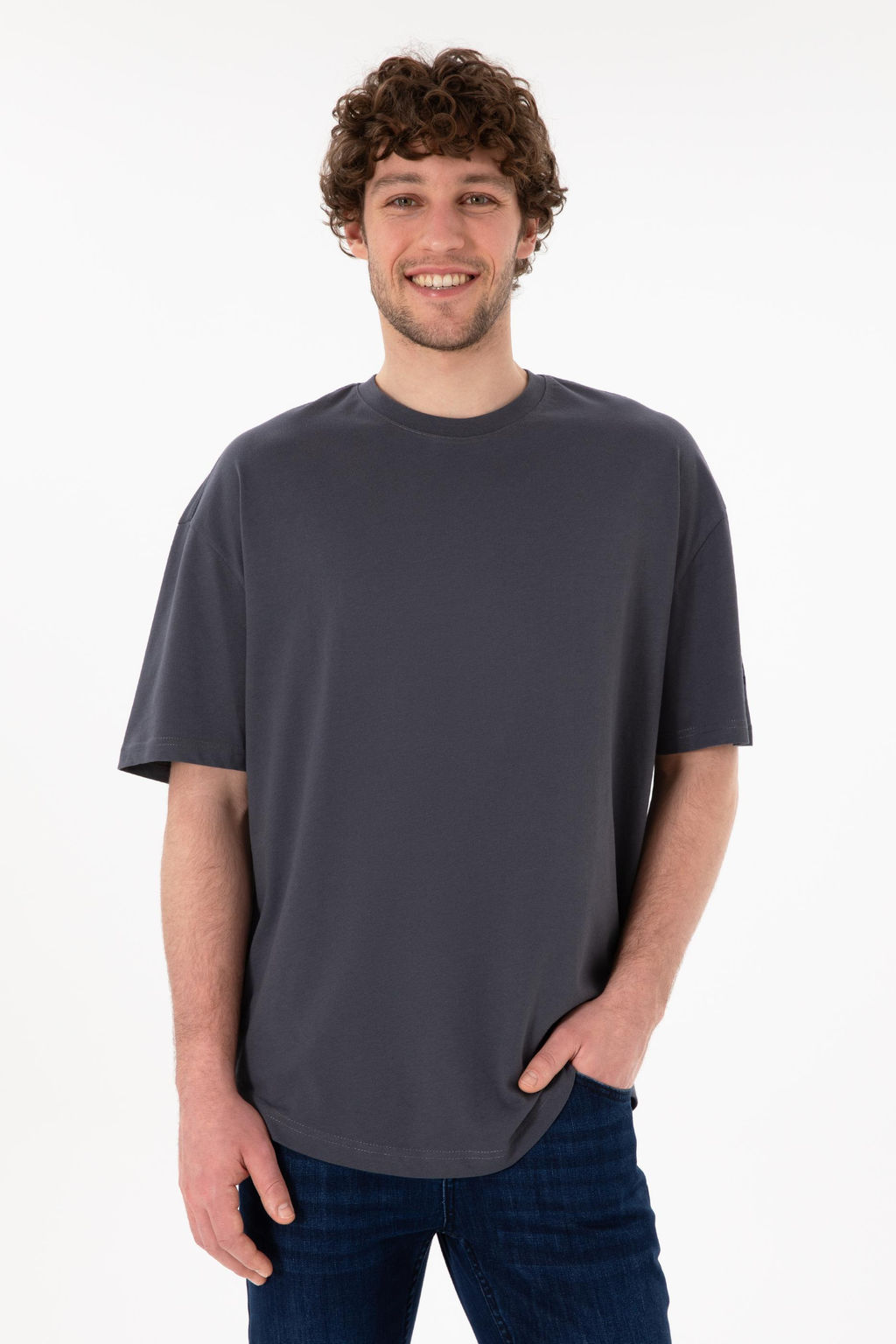 Erkek Long Fit Bisiklet Yaka Antrasit Basic Ti__rt Sepette S_rpriz _ndirim