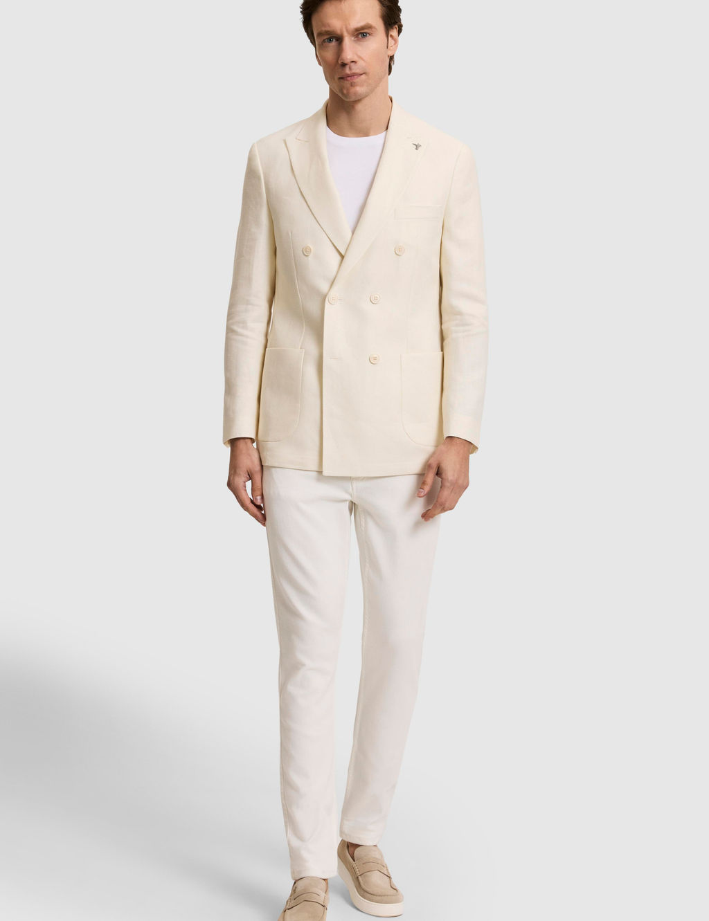 Beyaz Slim Fit Y_n Keten Kar___ml_ Bal_ks_rt_ K_rlang__ Yaka Kruvaze Ceket