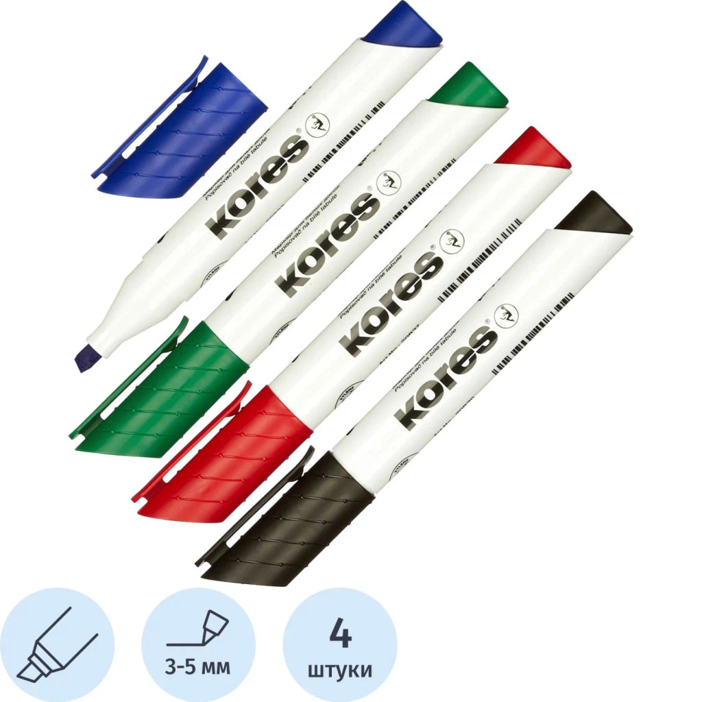 Маркер для белых досок KORES набор 4 цв. 3-5 мм скошенный наконечник 20845  фото 2