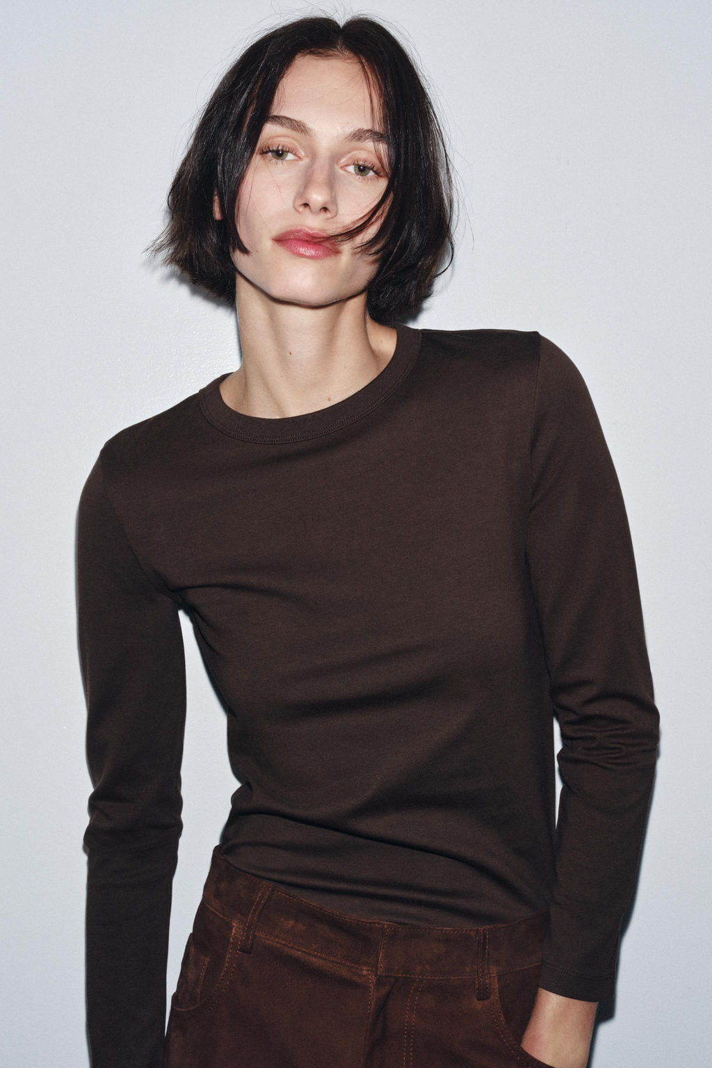 CAMISETA MANGA LARGA INTERLOCK / Chocolate - Zara фото 2