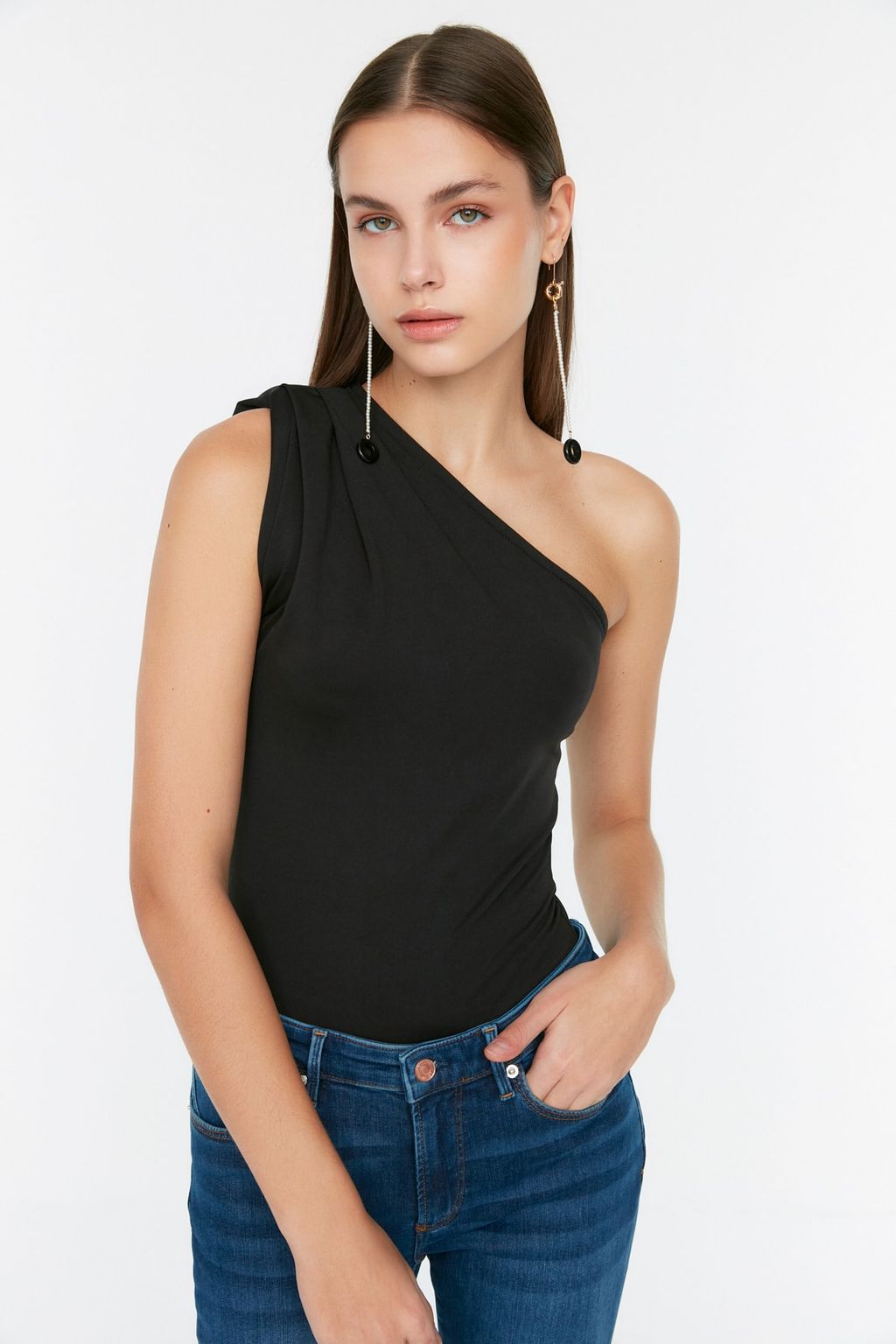 Siyah Asimetrik Yakal? Alttan C?tc?tl? Esnek Orme Body TWOSS22BD00014
