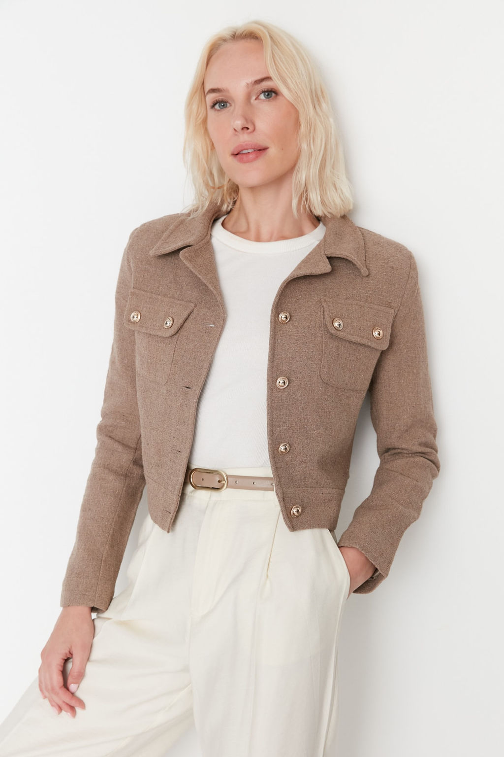 TRENDYOLMILLA Ac?k Haki Crop Dokuma Blazer Ceket TWOAW23CE00252 фото 2